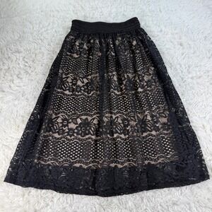 MetroWear Black Floral Lace Midi Skirt Lined Boho Festival Medium Whimsigoth